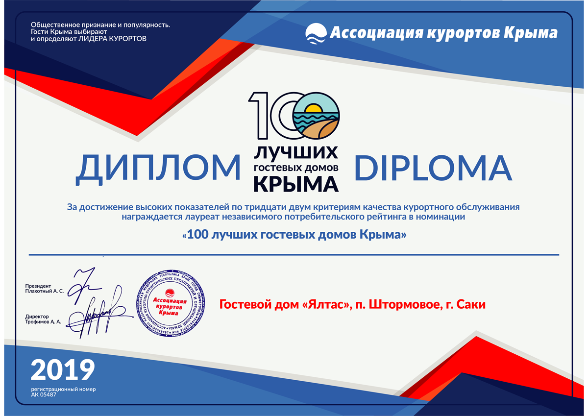 Диплом «100 лучших гостевых домов Крыма» 